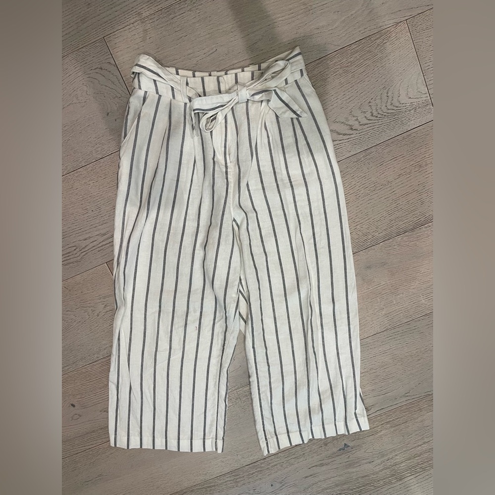 Cropped striped linen paper bag pants